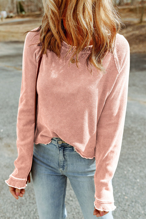 Seam Detail Waffle Knit Crew Neck Relaxed Fit Long Sleeve Top